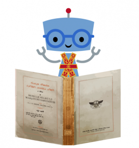 Cartoon robot reading an open Syriac book