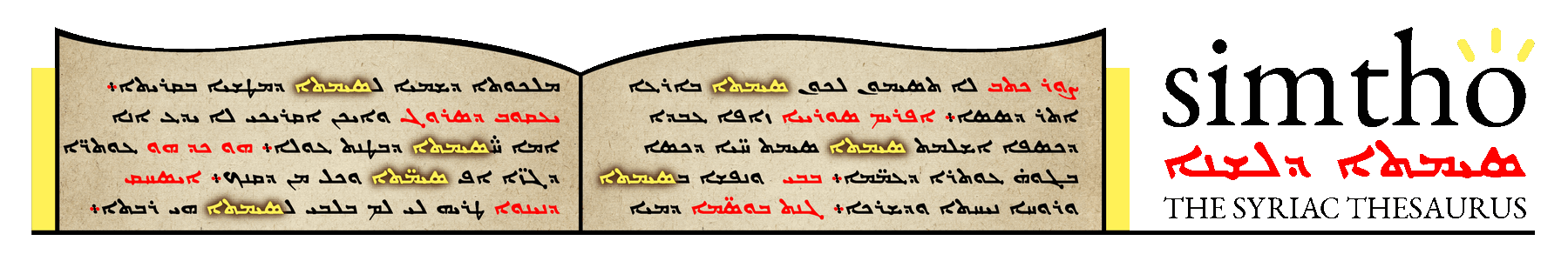 Simtho: The Syriac Thesaurus — an open book of Syriac text next to the Simtho logo